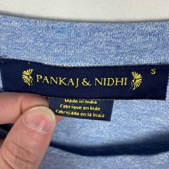 Anthropologie Pankaj Nidhi Blue Tee Embroidered Size Small Short Sleeve Top Boho - Picture 3 of 8